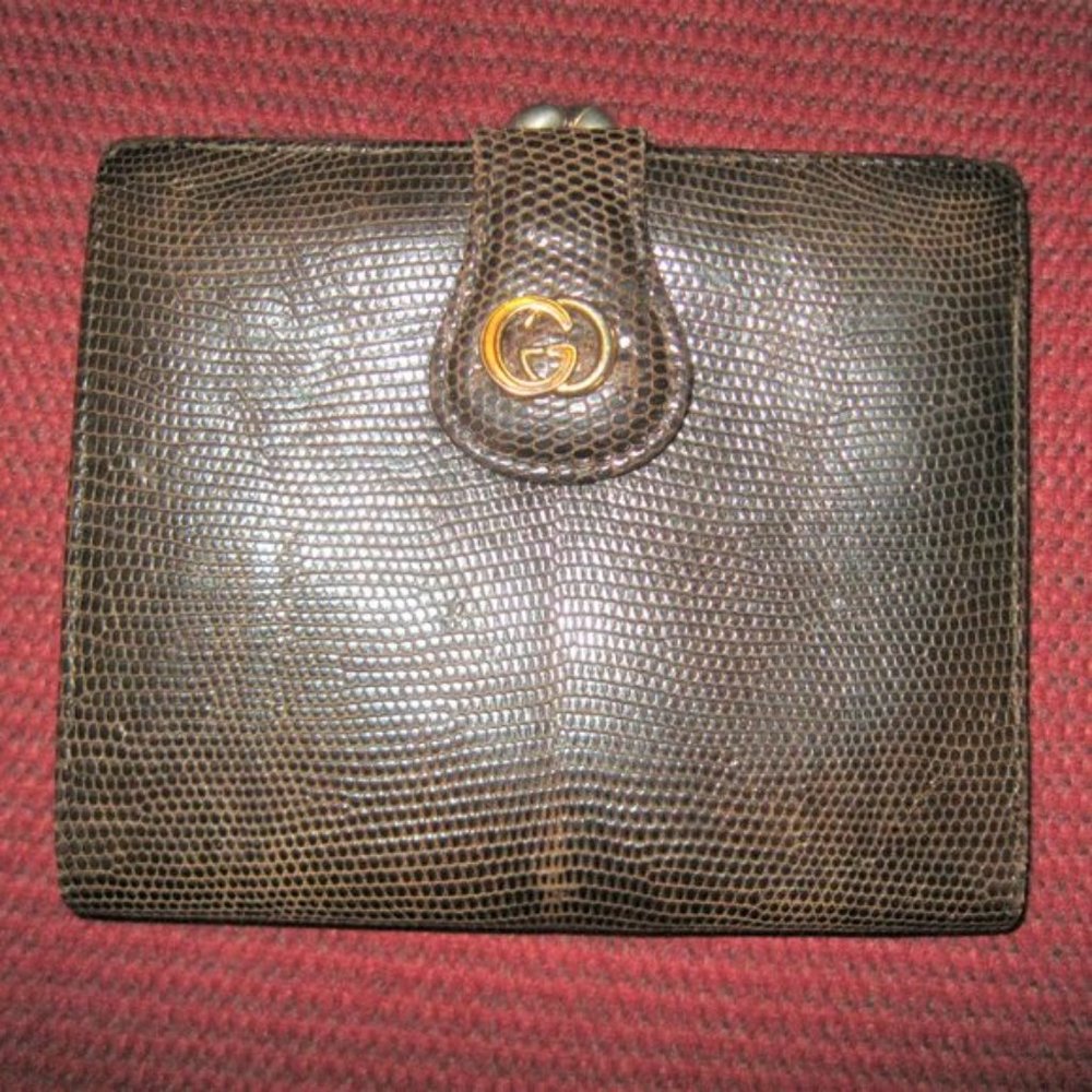 ❤️ Rare GUCCI LIZARD REPTILE Brown Kisslock Billfold Wallet